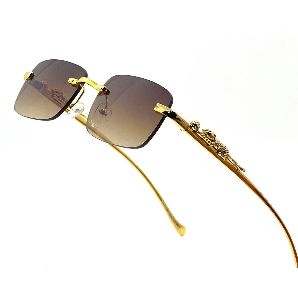 Rimless Sunglasses Gold Brown Lens Fashion‎ Shades Men Retro Small Outdoor Gafas